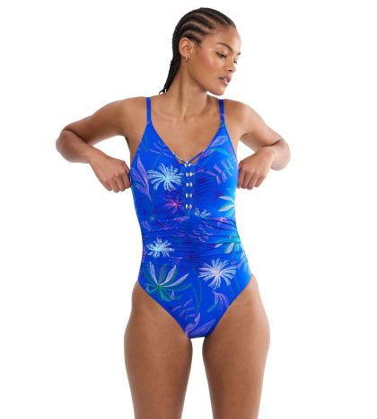 цял бански Триумф без банел с оформена чашка Summer Tropics OP 01  в синята гама